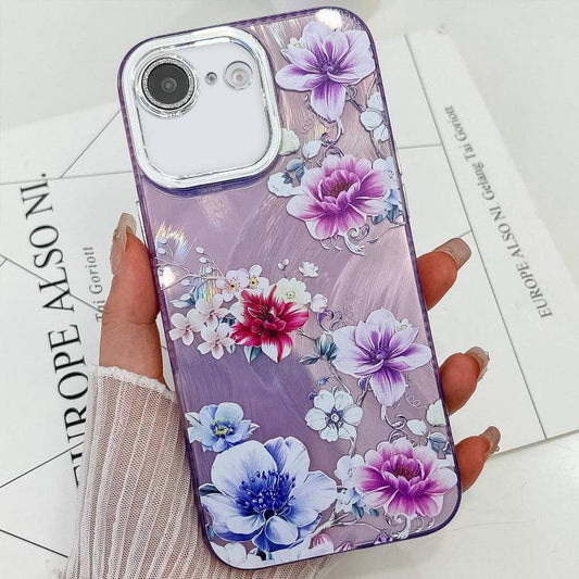 For iPhone 16e Electroplating Flowers Plants Texture TPU Phone Case(Purple Flowers FL1) - iPhone 16e Cases by PMC Jewellery | Online Shopping South Africa | PMC Jewellery | Buy Now Pay Later Mobicred