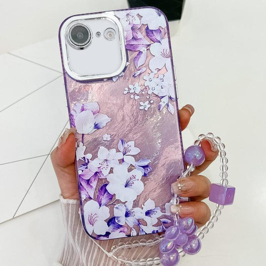 For iPhone 16e Electroplating Flowers Plants Texture Wristband TPU Phone Case(Azalea FL4) - iPhone 16e Cases by PMC Jewellery | Online Shopping South Africa | PMC Jewellery | Buy Now Pay Later Mobicred