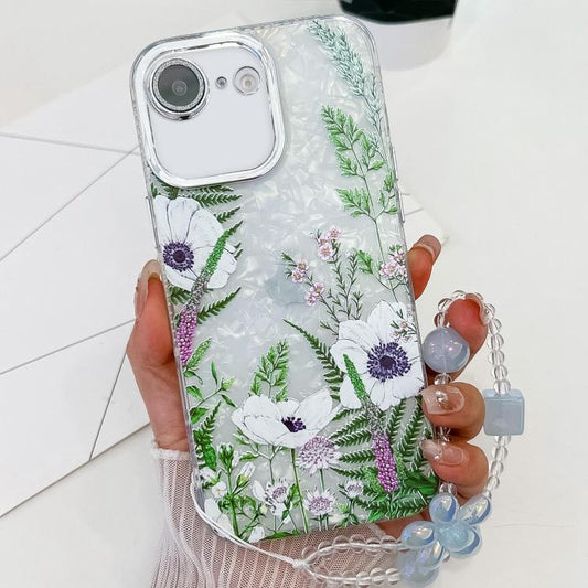 For iPhone 16e Electroplating Flowers Plants Texture Wristband TPU Phone Case(Green Plants FL5) - iPhone 16e Cases by PMC Jewellery | Online Shopping South Africa | PMC Jewellery | Buy Now Pay Later Mobicred