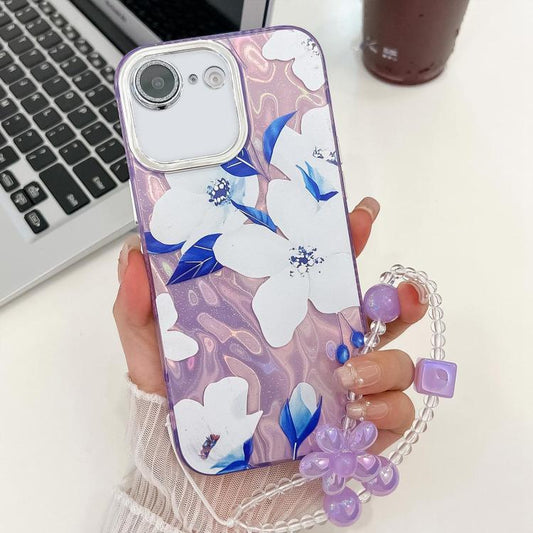 For iPhone 16e Electroplating Flowers Plants Texture Wristband TPU Phone Case(Bougainvillea FL8) - iPhone 16e Cases by PMC Jewellery | Online Shopping South Africa | PMC Jewellery | Buy Now Pay Later Mobicred