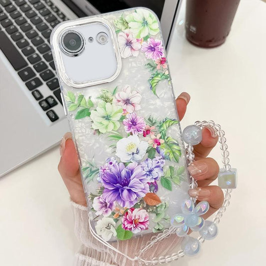 For iPhone 16e Electroplating Flowers Plants Texture Wristband TPU Phone Case(Colorful Peony FL10) - iPhone 16e Cases by PMC Jewellery | Online Shopping South Africa | PMC Jewellery | Buy Now Pay Later Mobicred