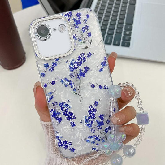 For iPhone 16e Electroplating Flowers Plants Texture Wristband TPU Phone Case(Blue Flower FL13) - iPhone 16e Cases by PMC Jewellery | Online Shopping South Africa | PMC Jewellery | Buy Now Pay Later Mobicred