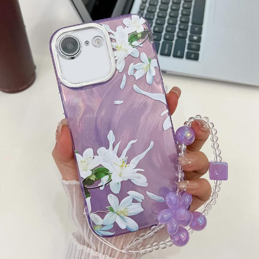 For iPhone 16e Electroplating Flowers Plants Texture Wristband TPU Phone Case(Gardenia FL15) - iPhone 16e Cases by PMC Jewellery | Online Shopping South Africa | PMC Jewellery | Buy Now Pay Later Mobicred