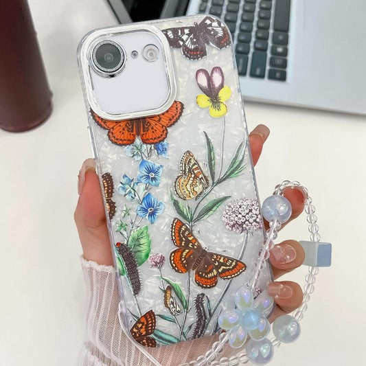 For iPhone 16e Electroplating Flowers Plants Texture Wristband TPU Phone Case(Butterfly Love Flower FL17) - iPhone 16e Cases by PMC Jewellery | Online Shopping South Africa | PMC Jewellery | Buy Now Pay Later Mobicred