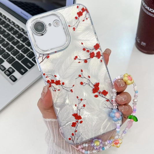 For iPhone 16e Electroplating Flower Texture Wristband TPU Phone Case(Red Plum Blossom SH2) - iPhone 16e Cases by PMC Jewellery | Online Shopping South Africa | PMC Jewellery | Buy Now Pay Later Mobicred