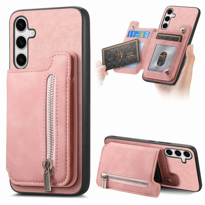 For Samsung Galaxy S25+ 5G Retro MagSafe Zipper Wallet Card Bag Back Phone Case(Pink) - Galaxy S25+ 5G Cases by PMC Jewellery | Online Shopping South Africa | PMC Jewellery | Buy Now Pay Later Mobicred