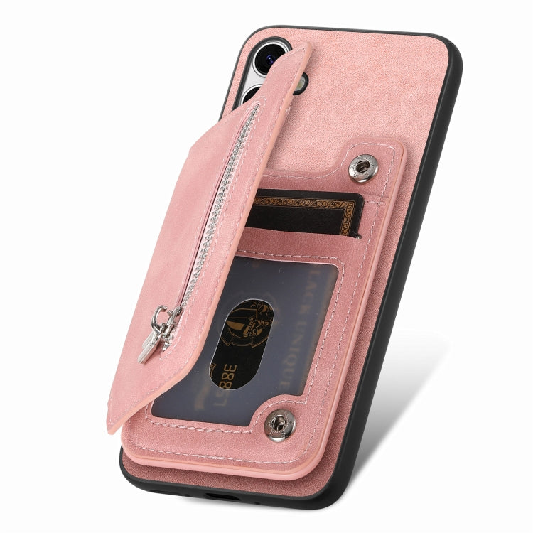 For Samsung Galaxy S25+ 5G Retro MagSafe Zipper Wallet Card Bag Back Phone Case(Pink) - Galaxy S25+ 5G Cases by PMC Jewellery | Online Shopping South Africa | PMC Jewellery | Buy Now Pay Later Mobicred