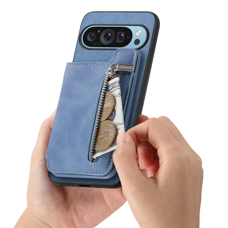 For Google Pixel 9 Pro XL Retro MagSafe Zipper Wallet Card Bag Back Phone Case(Blue) - Google Cases by PMC TechLife | Online Shopping South Africa | PMC TechLife | Buy Now Pay Later Mobicred