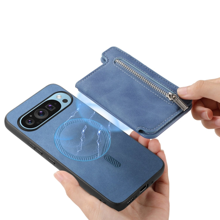 For Google Pixel 9 Pro XL Retro MagSafe Zipper Wallet Card Bag Back Phone Case(Blue) - Google Cases by PMC TechLife | Online Shopping South Africa | PMC TechLife | Buy Now Pay Later Mobicred