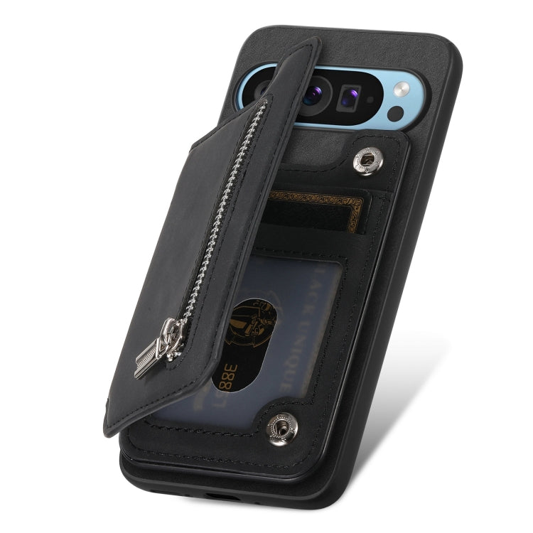 For Google Pixel 9 Pro XL Retro MagSafe Zipper Wallet Card Bag Back Phone Case(Black) - Google Cases by PMC TechLife | Online Shopping South Africa | PMC TechLife | Buy Now Pay Later Mobicred