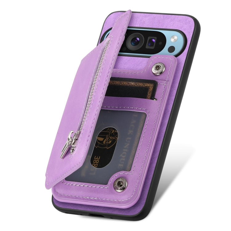 For Google Pixel 8 Pro Retro MagSafe Zipper Wallet Card Bag Back Phone Case(Purple) - Google Cases by PMC TechLife | Online Shopping South Africa | PMC TechLife | Buy Now Pay Later Mobicred