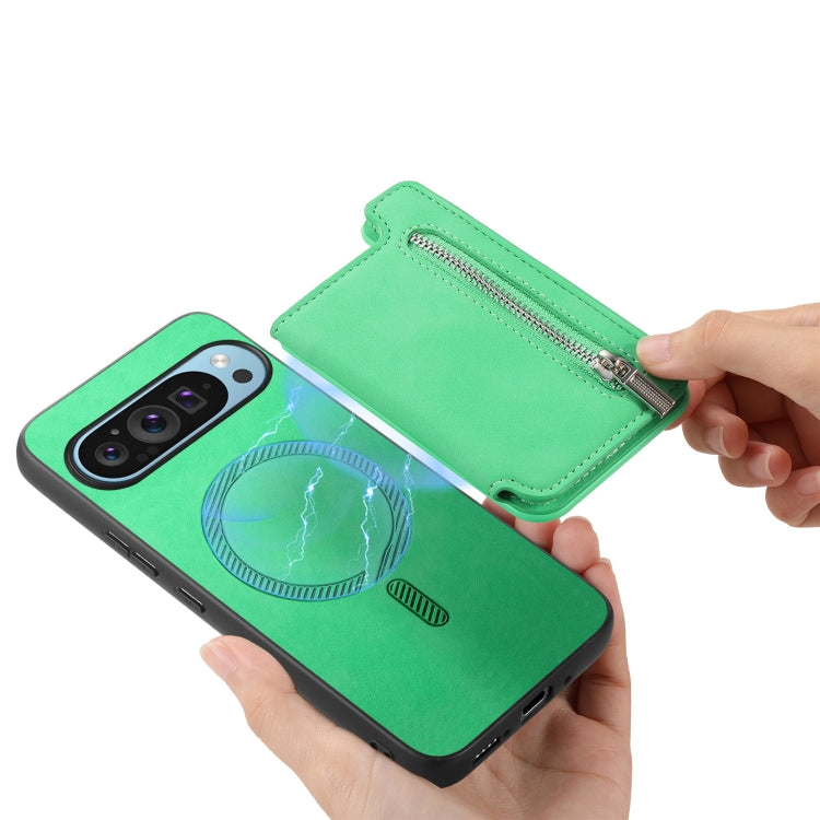 For Google Pixel 8 Pro Retro MagSafe Zipper Wallet Card Bag Back Phone Case(Green) - Google Cases by PMC TechLife | Online Shopping South Africa | PMC TechLife | Buy Now Pay Later Mobicred