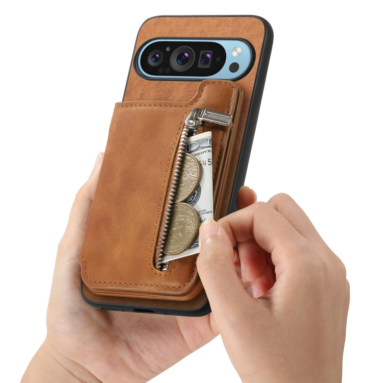 For Google Pixel 7a Retro MagSafe Zipper Wallet Card Bag Back Phone Case(Brown) - Google Cases by PMC TechLife | Online Shopping South Africa | PMC TechLife | Buy Now Pay Later Mobicred