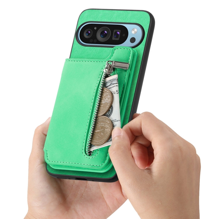 For Google Pixel 7 Pro Retro MagSafe Zipper Wallet Card Bag Back Phone Case(Green) - Google Cases by PMC TechLife | Online Shopping South Africa | PMC TechLife | Buy Now Pay Later Mobicred