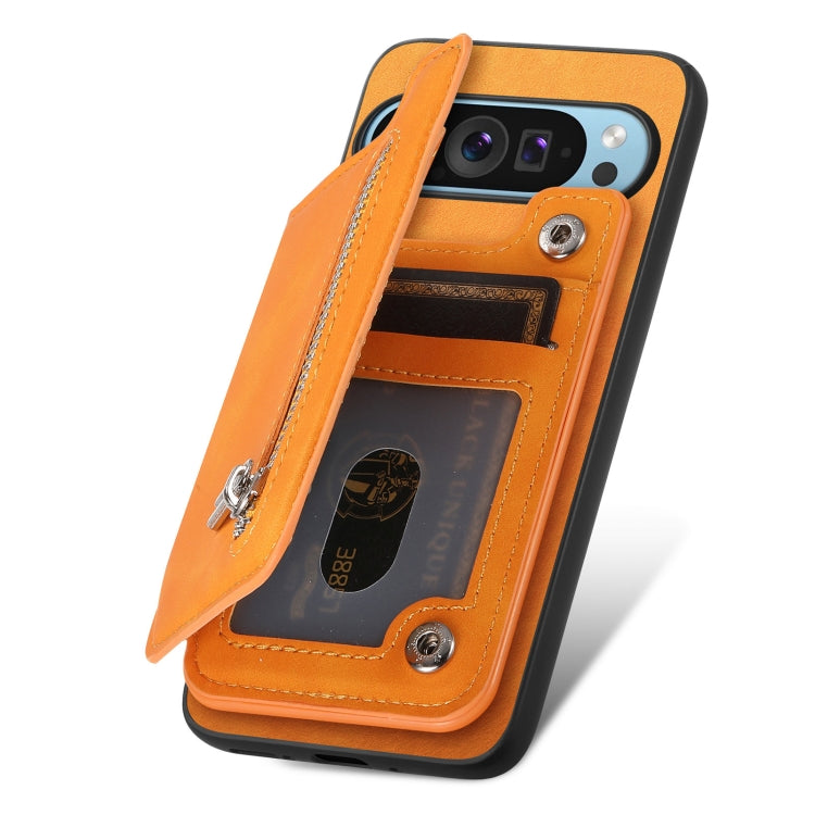 For Google Pixel 7 Retro MagSafe Zipper Wallet Card Bag Back Phone Case(Yellow) - Google Cases by PMC TechLife | Online Shopping South Africa | PMC TechLife | Buy Now Pay Later Mobicred