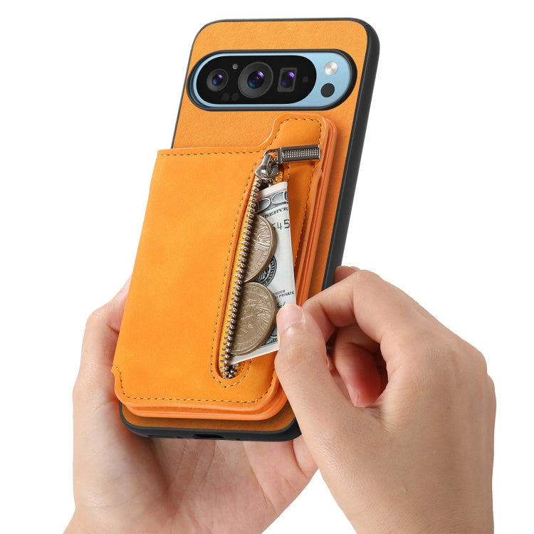 For Google Pixel 7 Retro MagSafe Zipper Wallet Card Bag Back Phone Case(Yellow) - Google Cases by PMC TechLife | Online Shopping South Africa | PMC TechLife | Buy Now Pay Later Mobicred