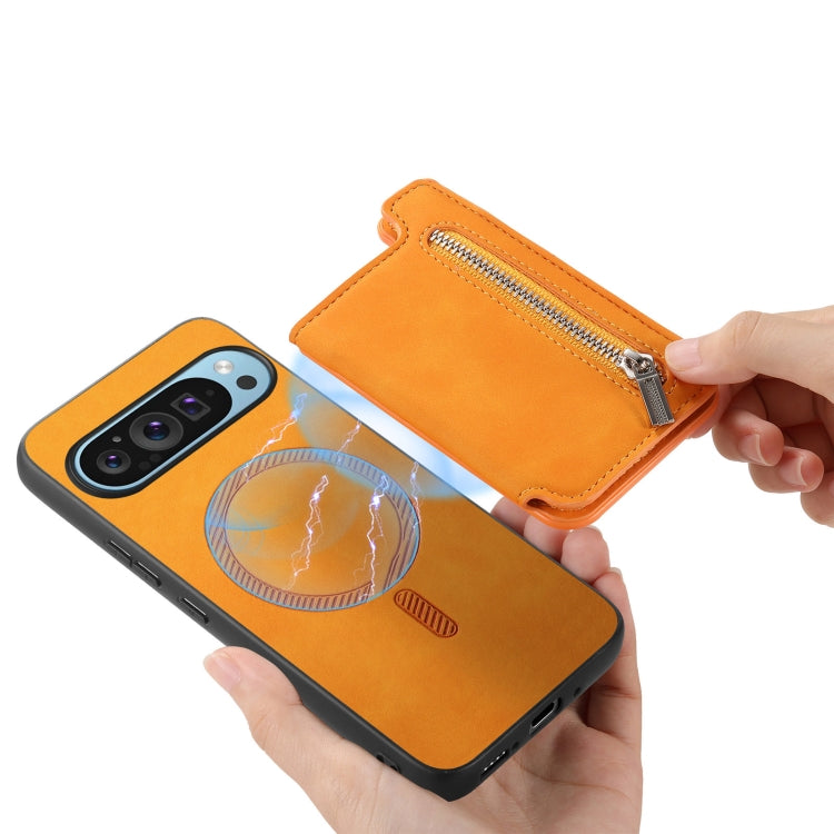 For Google Pixel 7 Retro MagSafe Zipper Wallet Card Bag Back Phone Case(Yellow) - Google Cases by PMC TechLife | Online Shopping South Africa | PMC TechLife | Buy Now Pay Later Mobicred