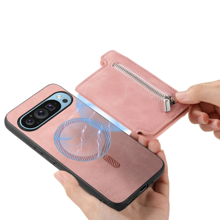 For Google Pixel 7 Retro MagSafe Zipper Wallet Card Bag Back Phone Case(Pink) - Google Cases by PMC TechLife | Online Shopping South Africa | PMC TechLife | Buy Now Pay Later Mobicred