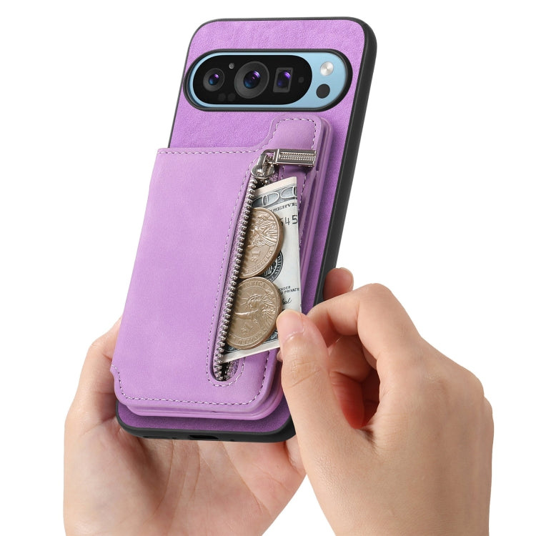 For Google Pixel 7 Retro MagSafe Zipper Wallet Card Bag Back Phone Case(Purple) - Google Cases by PMC TechLife | Online Shopping South Africa | PMC TechLife | Buy Now Pay Later Mobicred