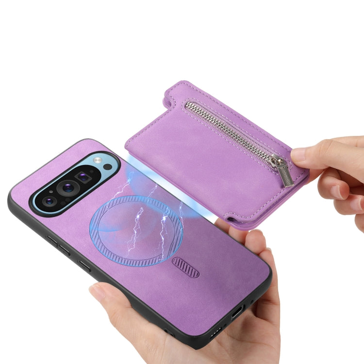 For Google Pixel 7 Retro MagSafe Zipper Wallet Card Bag Back Phone Case(Purple) - Google Cases by PMC TechLife | Online Shopping South Africa | PMC TechLife | Buy Now Pay Later Mobicred