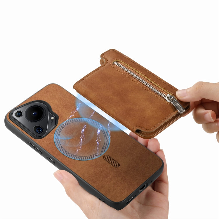 For Huawei nova 12 / 13 Retro MagSafe Zipper Wallet Card Bag Back Phone Case(Brown) - Huawei Cases by PMC TechLife | Online Shopping South Africa | PMC TechLife | Buy Now Pay Later Mobicred