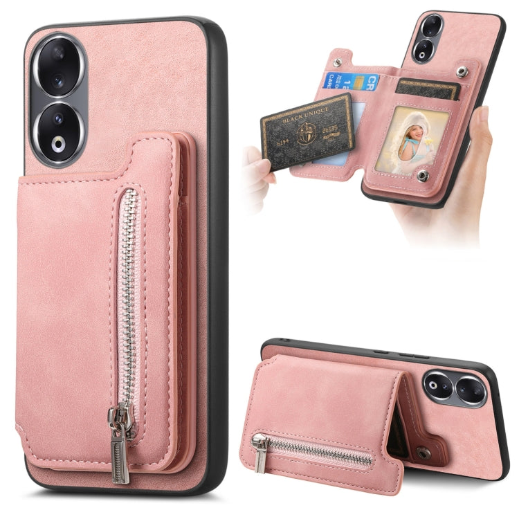 For Honor 90 Retro MagSafe Zipper Wallet Card Bag Back Phone Case(Pink) - Honor Cases by PMC TechLife | Online Shopping South Africa | PMC TechLife | Buy Now Pay Later Mobicred