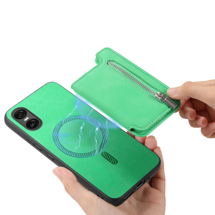 For Sony Xperia 10 VI Retro MagSafe Zipper Wallet Card Bag Back Phone Case(Green) - Sony Cases by PMC TechLife | Online Shopping South Africa | PMC TechLife | Buy Now Pay Later Mobicred