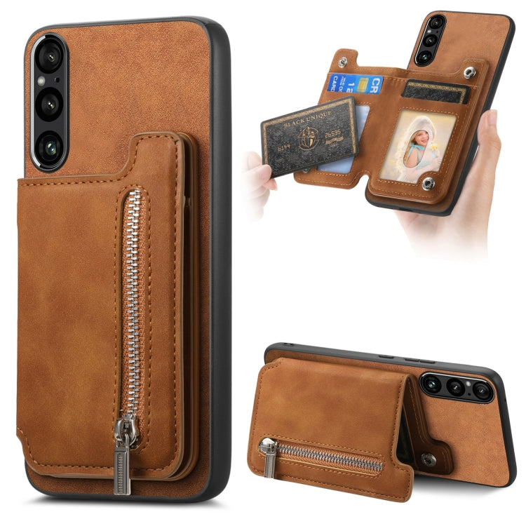 For Sony Xperia 1 V Retro MagSafe Zipper Wallet Card Bag Back Phone Case(Brown) - Sony Cases by PMC TechLife | Online Shopping South Africa | PMC TechLife | Buy Now Pay Later Mobicred