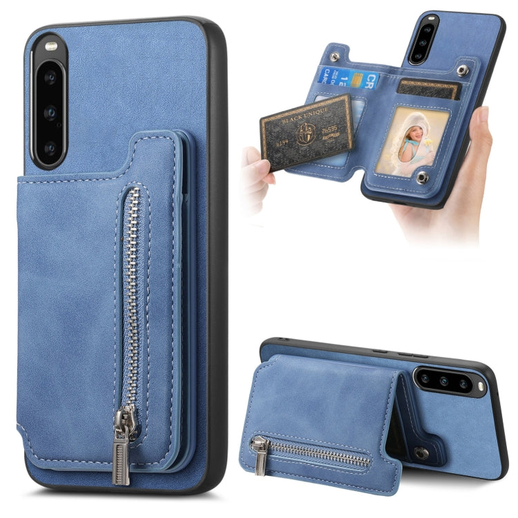 For Sony Xperia 10 V Retro MagSafe Zipper Wallet Card Bag Back Phone Case(Blue) - Sony Cases by PMC TechLife | Online Shopping South Africa | PMC TechLife | Buy Now Pay Later Mobicred
