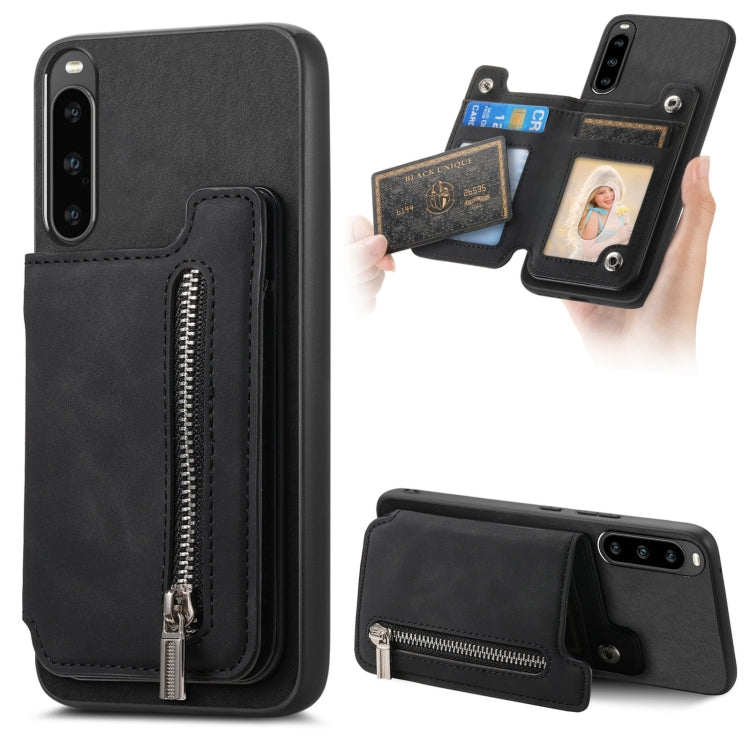 For Sony Xperia 10 V Retro MagSafe Zipper Wallet Card Bag Back Phone Case(Black) - Sony Cases by PMC TechLife | Online Shopping South Africa | PMC TechLife | Buy Now Pay Later Mobicred