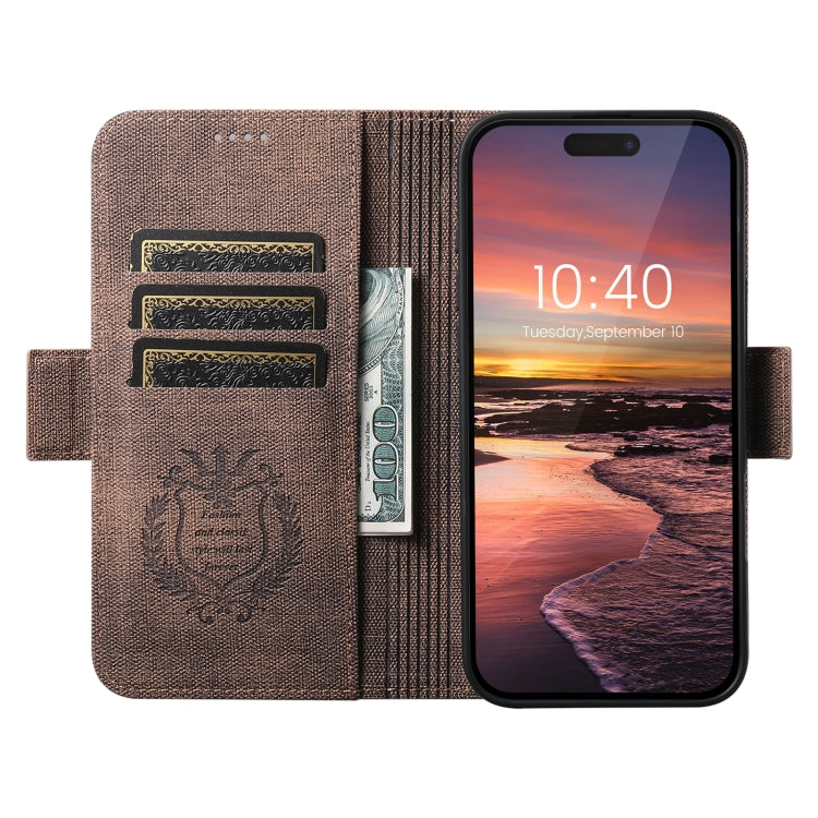 For iPhone 16 Pro Suteni J07 Multi-functional Horizontal MagSafe Denim Leather Phone Case(Brown) - iPhone 16 Pro Cases by Suteni | Online Shopping South Africa | PMC Jewellery | Buy Now Pay Later Mobicred