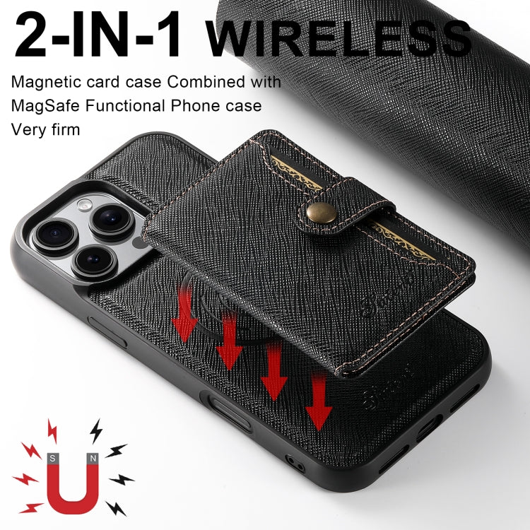 For iPhone 16 Plus Suteni H20 Cross-Grain MagSafe Horizontal Card Bag Back Phone Case(Black) - iPhone 16 Plus Cases by Suteni | Online Shopping South Africa | PMC Jewellery | Buy Now Pay Later Mobicred