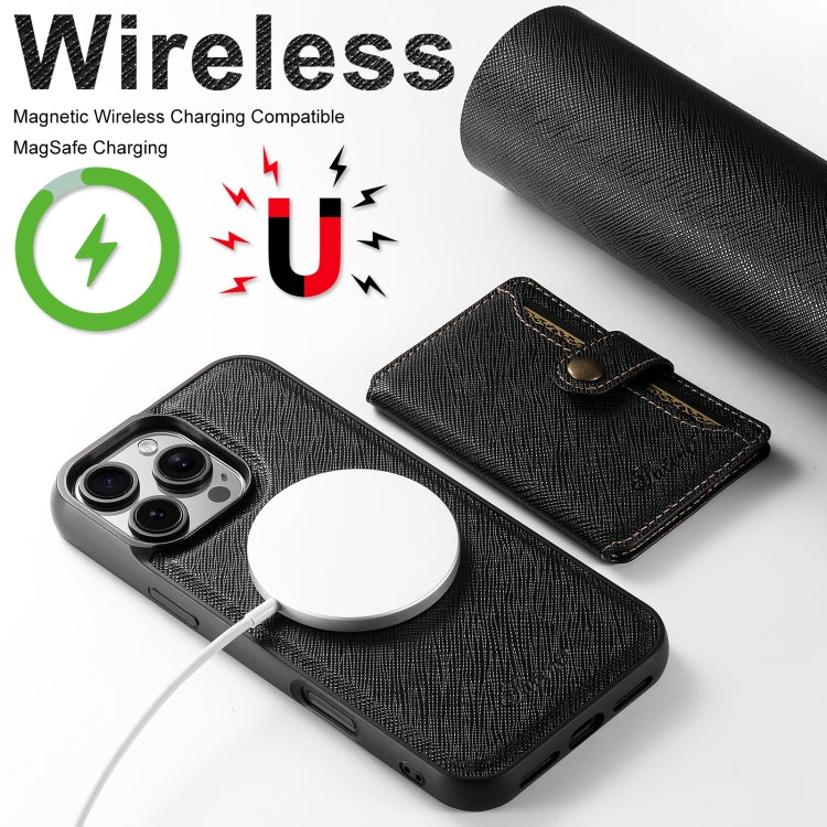 For iPhone 16 Suteni H20 Cross-Grain MagSafe Horizontal Card Bag Back Phone Case(Black) - iPhone 16 Cases by Suteni | Online Shopping South Africa | PMC Jewellery | Buy Now Pay Later Mobicred