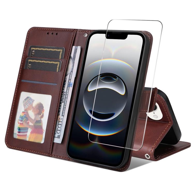 For iPhone 16e ENKAY Card Wallet Calf Texture Leather Phone Case with Screen Film(Brown) - free shipping - PMC TechLife - Order now!