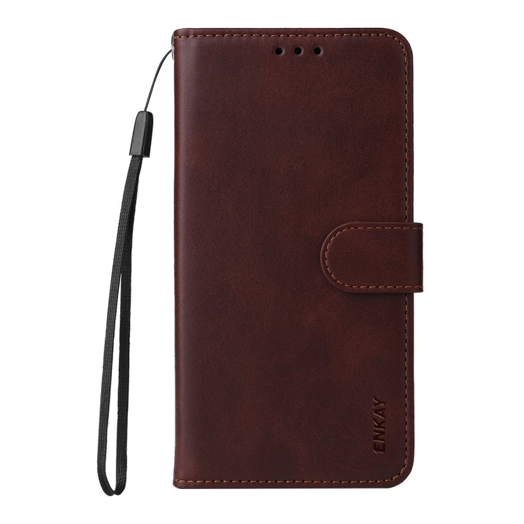 For iPhone 16e ENKAY Card Wallet Calf Texture Leather Phone Case with Screen Film(Brown) - free shipping - PMC TechLife - Order now!