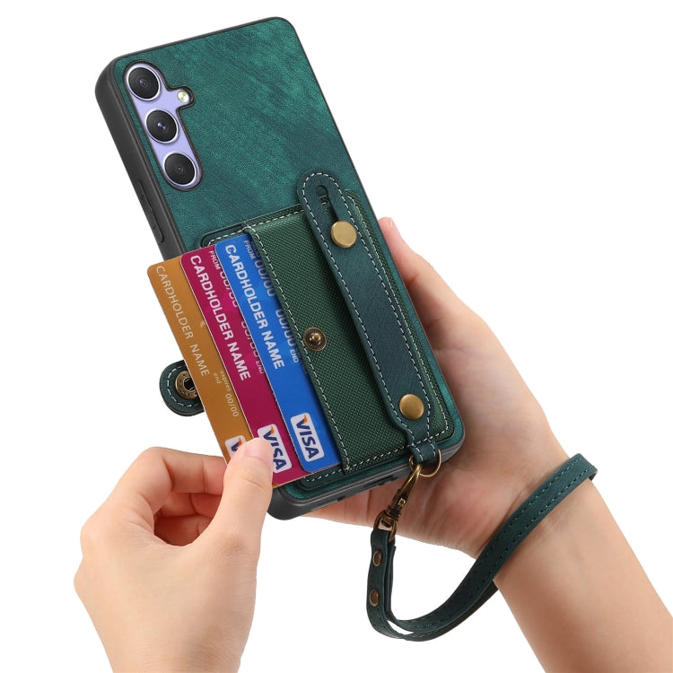 For Samsung Galaxy S25 5G Retro Cross Wristband Wallet Leather Back Phone Case(Green) - Galaxy S25 5G Cases by PMC Jewellery | Online Shopping South Africa | PMC Jewellery | Buy Now Pay Later Mobicred