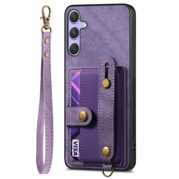 For Samsung Galaxy S25 5G Retro Cross Wristband Wallet Leather Back Phone Case(Purple) - Galaxy S25 5G Cases by PMC Jewellery | Online Shopping South Africa | PMC Jewellery | Buy Now Pay Later Mobicred