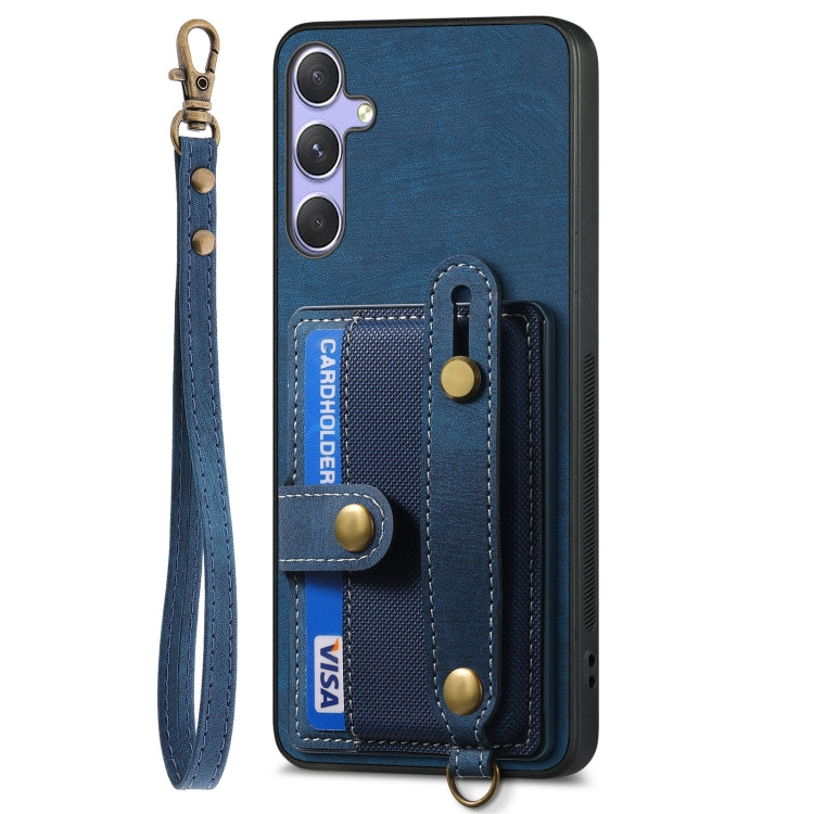 For Samsung Galaxy S25+ 5G Retro Cross Wristband Wallet Leather Back Phone Case(Blue) - free shipping - PMC Jewellery - Order now!
