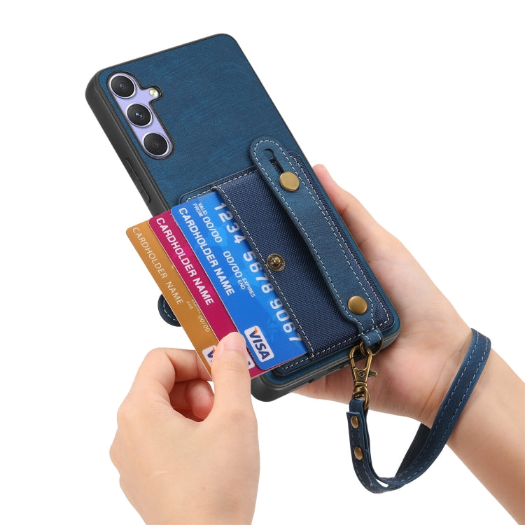 For Samsung Galaxy S25+ 5G Retro Cross Wristband Wallet Leather Back Phone Case(Blue) - free shipping - PMC Jewellery - Order now!