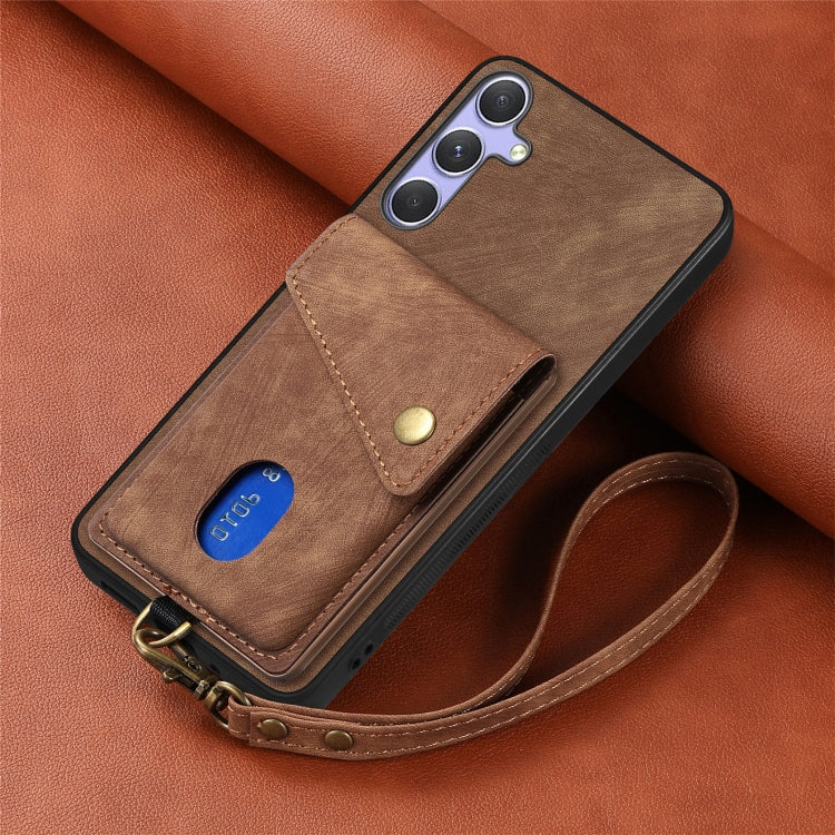 For Samsung Galaxy S25 5G Retro Card Wallet Fold Leather Phone Case with Strap(Brown) - Galaxy S25 5G Cases by PMC TechLife | Online Shopping South Africa | PMC TechLife | Buy Now Pay Later Mobicred