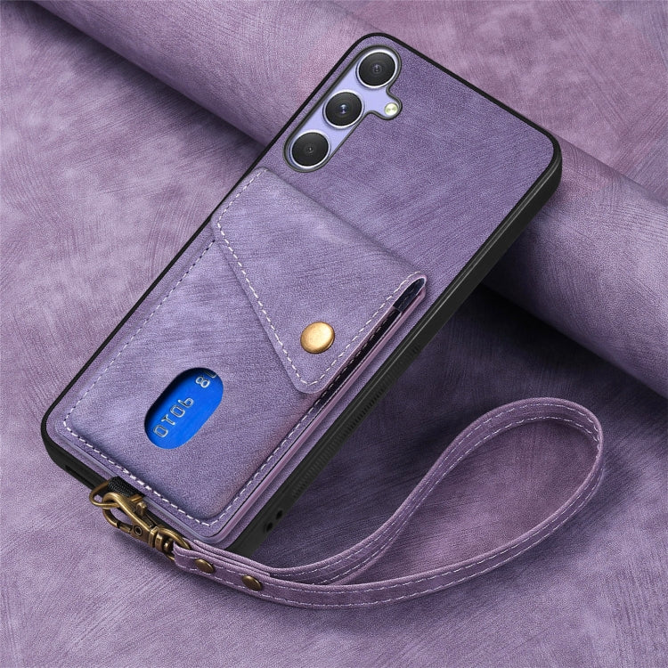 For Samsung Galaxy S25 5G Retro Card Wallet Fold Leather Phone Case with Strap(Purple) - Galaxy S25 5G Cases by PMC TechLife | Online Shopping South Africa | PMC TechLife | Buy Now Pay Later Mobicred