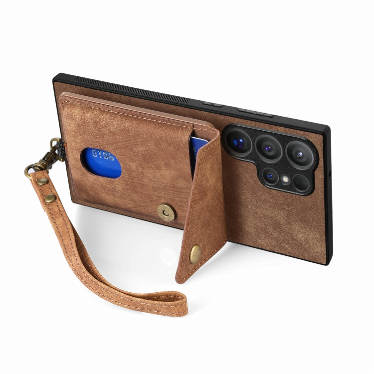 For Samsung Galaxy S25 Ultra 5G Retro Card Wallet Fold Leather Phone Case with Strap(Brown) - Galaxy S25 Ultra 5G Cases by PMC TechLife | Online Shopping South Africa | PMC TechLife | Buy Now Pay Later Mobicred