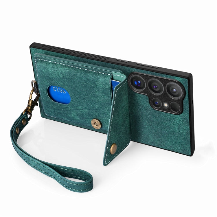 For Samsung Galaxy S25 Ultra 5G Retro Card Wallet Fold Leather Phone Case with Strap(Green) - Galaxy S25 Ultra 5G Cases by PMC TechLife | Online Shopping South Africa | PMC TechLife | Buy Now Pay Later Mobicred