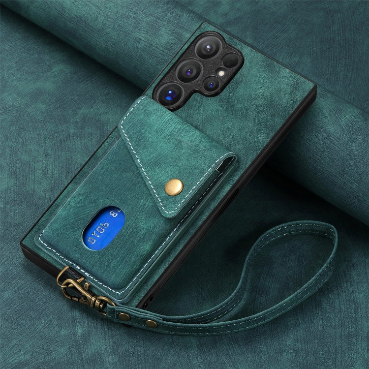 For Samsung Galaxy S25 Ultra 5G Retro Card Wallet Fold Leather Phone Case with Strap(Green) - Galaxy S25 Ultra 5G Cases by PMC TechLife | Online Shopping South Africa | PMC TechLife | Buy Now Pay Later Mobicred