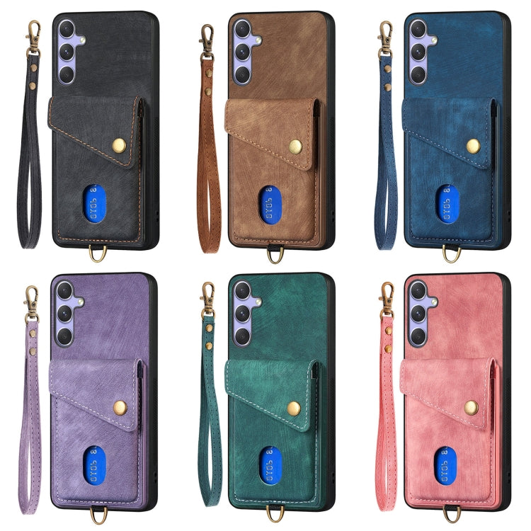 For Samsung Galaxy S25+ 5G Retro Card Wallet Fold Leather Phone Case with Strap(Green) - Galaxy S25+ 5G Cases by PMC TechLife | Online Shopping South Africa | PMC TechLife | Buy Now Pay Later Mobicred