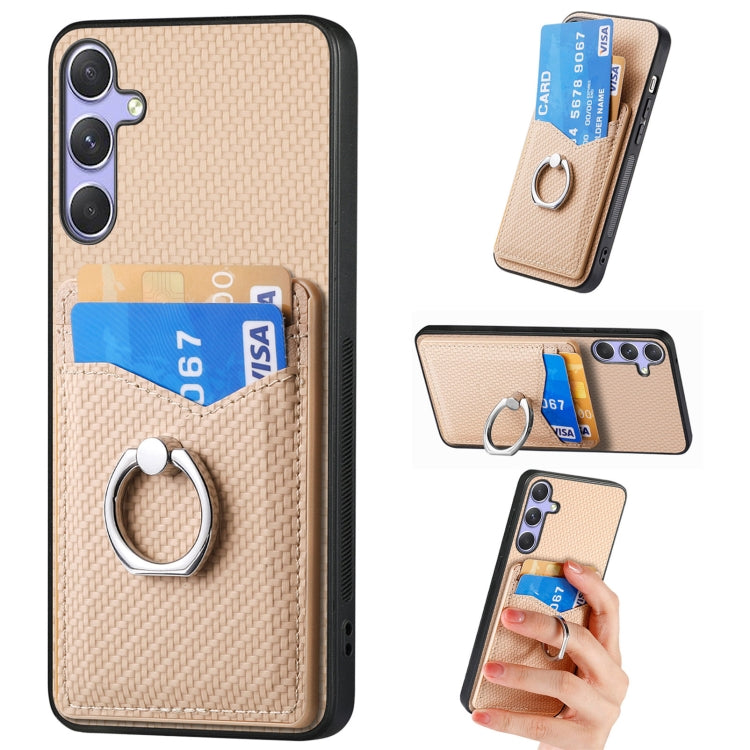 For Samsung Galaxy S25+ 5G Carbon Fiber Card Wallet Ring Phone Case(Khaki) - Galaxy S25+ 5G Cases by PMC Jewellery | Online Shopping South Africa | PMC Jewellery | Buy Now Pay Later Mobicred