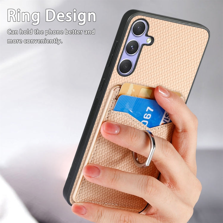 For Samsung Galaxy S25+ 5G Carbon Fiber Card Wallet Ring Phone Case(Khaki) - Galaxy S25+ 5G Cases by PMC Jewellery | Online Shopping South Africa | PMC Jewellery | Buy Now Pay Later Mobicred