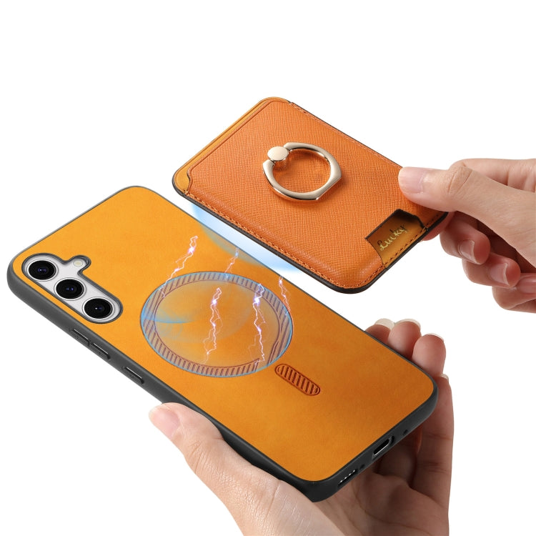 For Samsung Galaxy S25+ 5G Retro Cross Leather Ring Vertical Insert Card Bag MagSafe Phone Case(Yellow) - Galaxy S25+ 5G Cases by PMC Jewellery | Online Shopping South Africa | PMC Jewellery | Buy Now Pay Later Mobicred