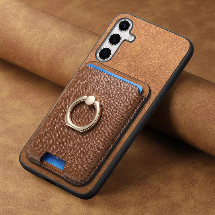 For Samsung Galaxy S25+ 5G Retro Cross Leather Ring Vertical Insert Card Bag MagSafe Phone Case(Brown) - Galaxy S25+ 5G Cases by PMC Jewellery | Online Shopping South Africa | PMC Jewellery | Buy Now Pay Later Mobicred