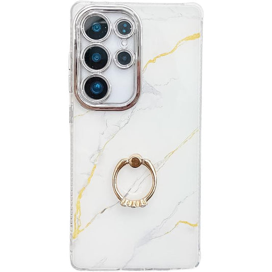 For Samsung Galaxy S25 Ultra 5G Electroplated Marble Texture Ring Holder Phone Case(Gold White S1) - Galaxy S25 Ultra 5G Cases by PMC Jewellery | Online Shopping South Africa | PMC Jewellery | Buy Now Pay Later Mobicred